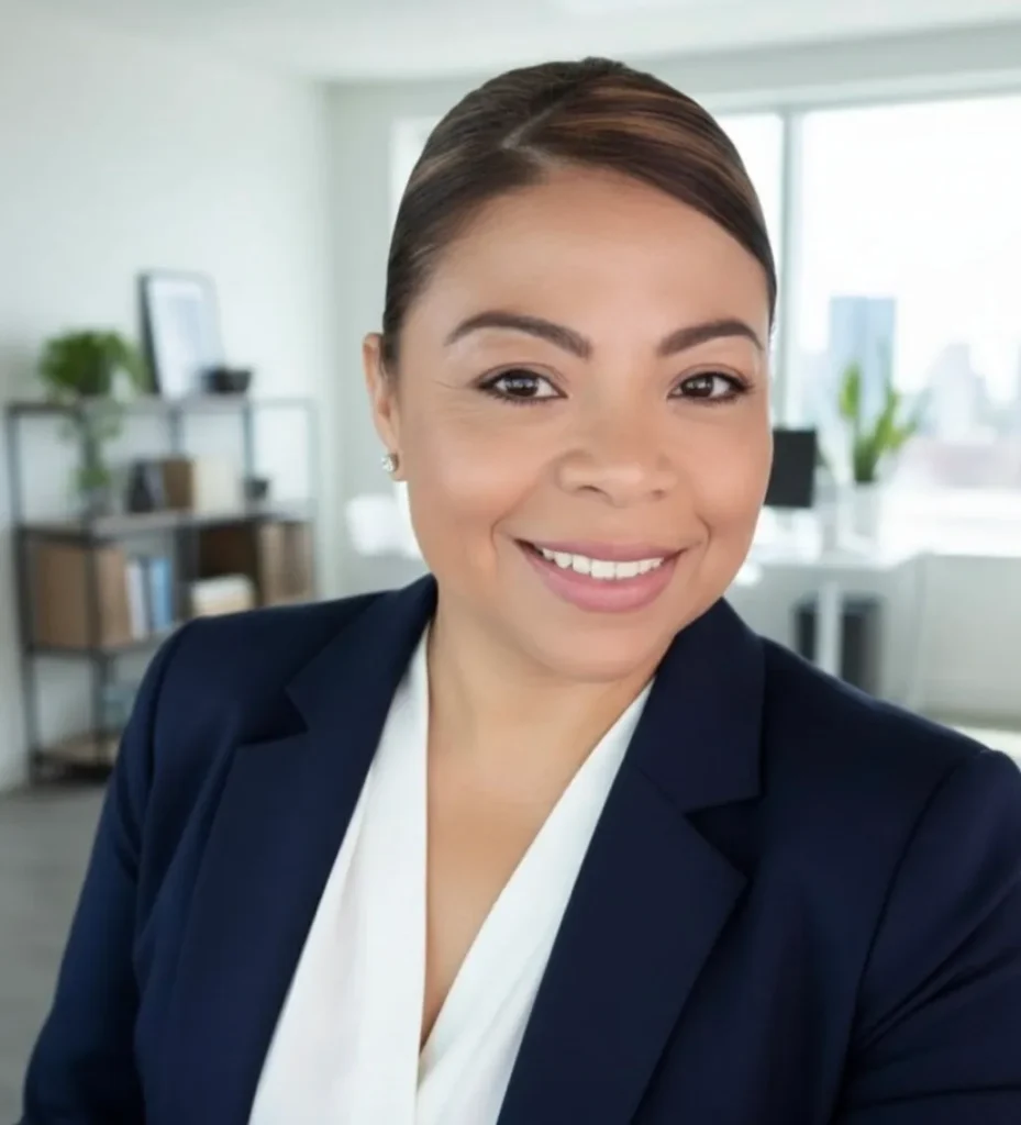 Smiling woman in professional office setting.